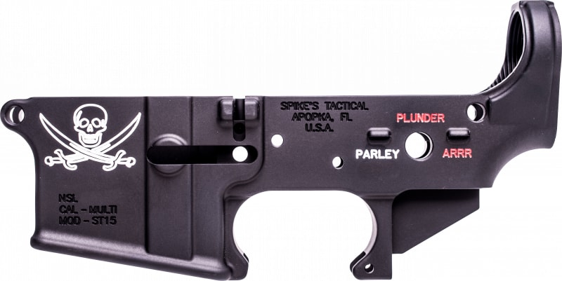 Spikes Tactical Multi-Caliber Color Filled Calico Jack Logo Stripped Lower Receiver, Hardcoat Anodized Black - STLS016-CFA