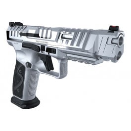 Canik SFx RIVAL-S 9mm Semi-Auto Pistol, 5″Bbl, Optic Ready, Dark Side Steel Frame, Fiber Optic Sights, Acc Rail, Flat Trigger, W/ 2-18 Rd Mags,Chrome