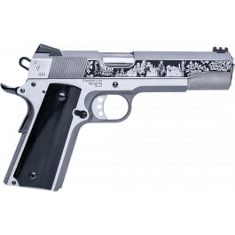Cnc Firearms CNCWESTSPIRIT Kimber 1911 Western Spirit 45 ACP 7+1 5″ Stainless Steel Barrel, Serrated w/Engraved Scrollwork Slide, Black Buffalo Horn Grip