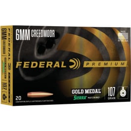 Federal GM6CRDM1 Premium Gold Medal 6mm Creedmoor 107 gr Sierra MatchKing Hollow Point Boat-Tail - 20rd Box
