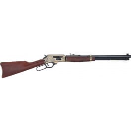 Henry H009BGWL Wildlife 5+1 20" Blued Octagon, Polished Brass Engraved Rec, American Walnut Furniture, Adj. Brass Buckhorn Sight