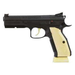 <em>CZ</em> USA 91240 Shadow 2 Gold Digger , Semi-Auto 9mm Pistol, 5" Barrel, 19 <em>Rd</em> <em>magazine</em>, Fiber Optic Front Sight w/ HAJO rear sight, Black/Gold
