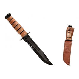 <em>Ka-Bar</em> 1218 USMC Fight/Utility <em>7"</em> Fixed Clip Point Part Serrated Black 1095 Cro-Van Blade Brown Leather Handle Includes Sheath