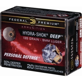 <em>Federal</em> P9HSD1 Premium Personal Defense 9mm Luger <em>135 gr</em> <em>Hydra</em>-<em>Shok</em> <em>Deep</em> Hollow Point - 20rd Box