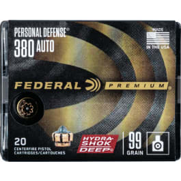 Federal P380HSD1 Premium Personal Defense 380 ACP 99 gr Hydra-Shok Deep Hollow Point - 20rd Box
