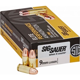 Sig Sauer Elite Ball 9mm Luger 124gr FMJ 50 Rounds Brass Case.