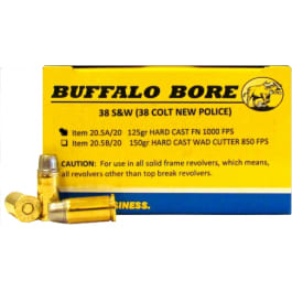 Buffalo Bore Ammunition Buffalo Bore Ammunition 20.5A/20 38S&W (38 New Colt Police) 125 GR Hard Cast Flat Nose - 20rd Box