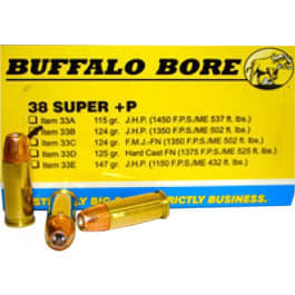 Buffalo Bore Personal Defense Strictly Business 38 Super +P 124gr Jacketed Hollow Point 20rd Brass Case