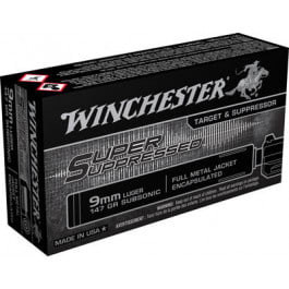 Winchester Ammo SUP9 Super Suppressed 9mm Luger 147 GR Full Metal Jacket - 50rd Box