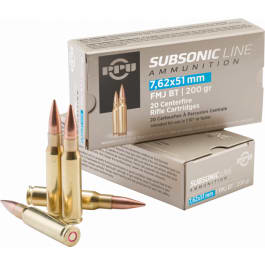 PPU PPS762 Subsonic 308 Winchester/7.62 NATO 200 GR Full Metal Jacket Boat Tail - 20rd Box
