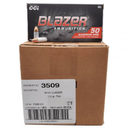 CCI Case - 3509 Blazer 9mm Luger 115 GR Full Metal Jacket, Aluminum Case, Non-Corrosive  - 1000 Round Case