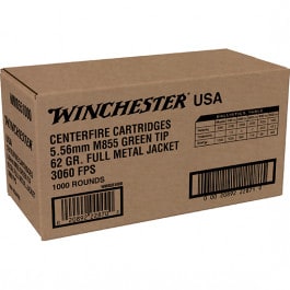 Winchester Winchester Ammo WM8551000 USA 5.56x45mm NATO 62 GR Full Metal Jacket Lead Core Green Tip (FMJLC) (Sold by Case) - 1000rd Case
