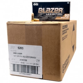CCI 5203 Blazer Brass 9mm 147 FMJ, Brass Cased, Boxer Primed, Non-Corrosive, Fully Reloadable - 1000 Round Case, Mfg# 5203