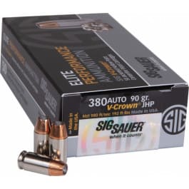 Sig Sauer SIG Sauer E380A150 Elite V-Crown 380 ACP 90 gr Jacketed Hollow Point (JHP) - 50rd Box