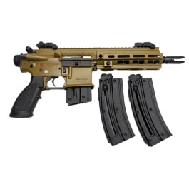 Heckler and Koch HK416, Semi-Auto Pistol, .22LR, 8.5" Barrel, (2) 20rd Magazines & (1) 10rd Magazine, Flip-Up Sights, M-LOK, HK Brown, Umarex - 810009763MAG