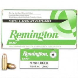 Remington Remington UMC Ammunition 9mm Luger 115 Grain Full Metal Jacket (FMJ), Brass, Boxer, Reloadable, Non-Corrosive - 500 Round Case - Mfg# 23728