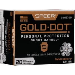 <em>Speer</em> Ammo 23611GD Gold Dot Personal Protection 9mm Luger +P 124 gr Hollow Point (HP) - 20rd Box