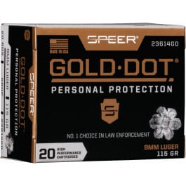 <em>Speer</em> Ammo 23614GD Gold Dot Personal Protection 9mm Luger 115 gr Hollow Point (HP) - 20rd Box