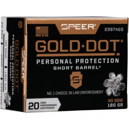 CCI Speer Ammo 23974GD Gold Dot Personal Protection 40 S&W 180 gr Hollow Point (HP) - 20rd Box