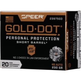 CCI Speer Ammo 23975GD Gold Dot Personal Protection 45 ACP 230 gr Hollow Point (HP) - 20rd Box