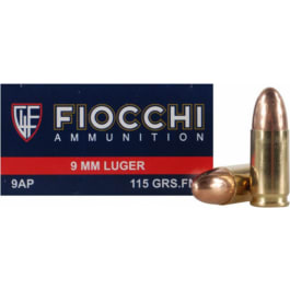<em>Fiocchi</em> Pistol Ammunition 9AP, 9mm <em>115 GR</em> FMJ, 1200 fps Ammo - 50 Round Box