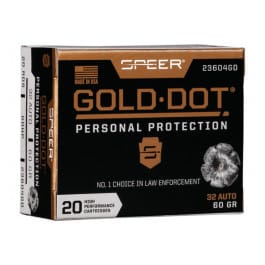 Speer Ammo 23604GD Gold Dot Personal Protection 32 ACP 60 gr Hollow Point (HP) - 20rd Box
