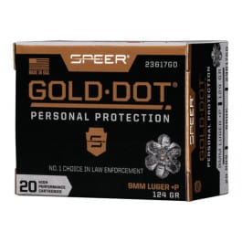 <em>Speer</em> Ammo 23617GD Gold Dot Personal Protection 9mm Luger +P 124 gr Hollow Point (HP) - 20rd Box