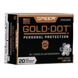 <em>Speer</em> Ammo 23618GD Gold Dot Personal Protection 9mm Luger 124 gr Hollow Point (HP) - 20rd Box