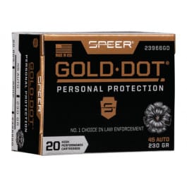CCI Speer Ammo 23966GD Gold Dot Personal Protection 45 ACP 230 gr Hollow Point (HP) - 20rd Box