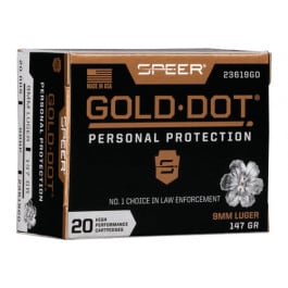 <em>Speer</em> Ammo 23619GD Gold Dot Personal Protection 9mm Luger 147 gr Hollow Point (HP) - 20rd Box