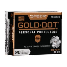 Speer Ammo 23606GD Gold Dot Personal Protection 380 ACP 90 gr Hollow Point (HP) - 20rd Box