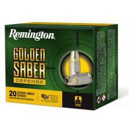 <em>Remington</em> Ammunition 27609 <em>Golden</em> <em>Saber</em> Defense 45 ACP 185 <em>gr</em> Brass Jacket Hollow Point (BJHP) - 20rd Box