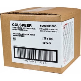 CCI Blazer Brass 9mm 115 GR FMJ, 1000 Round Bulk Pack - Brass, Boxer, Reloadable, Non-Corrosive - MFG # CC5000BK1000