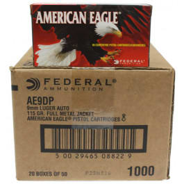 <em>American</em> <em>Eagle</em> Case, 9mm 115 <em>GR</em> FMJ Ammo AE9DP, Brass, Boxer, Reloadable - 1000 Round Case