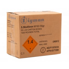 Other Igman - 5.56x45 - M193 - 55 Grain - Full Metal Jacket, Brass Cased, Boxer Primed, Non-Magnetic, Non-Corrosive - 3180 FPS -1000 Rounds -  IGM193-CASE