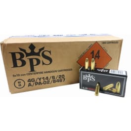 B.P.S., 9x19mm Para (9mm Nato) Pistol Cartridges - 124 Grain, FMJ, Brass Cased, Boxer Primed, Reloadable, Non-Corrosive,1000 Round Case - BPS9MM124FMJ