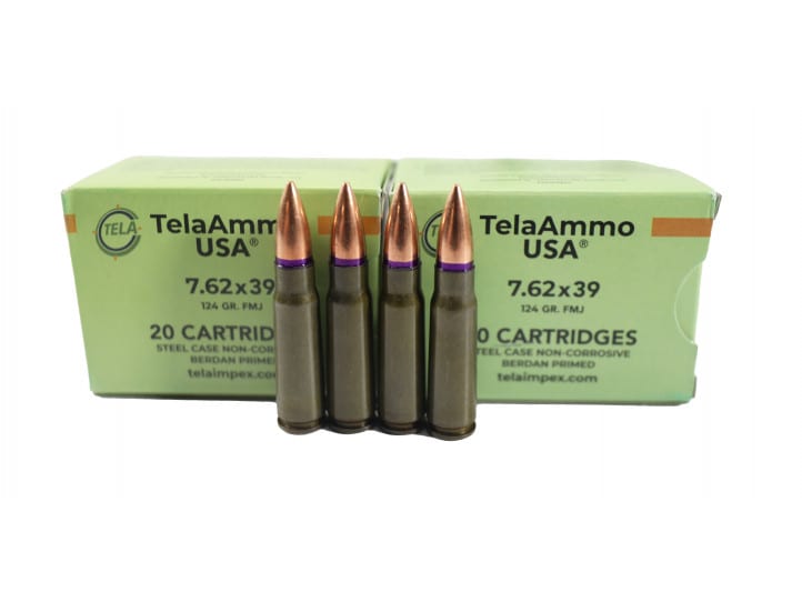 TelaAmmo Brand 7.62x39 FMJ Ammunition, 124 Grain FMJ, Steel Case, Laquer  Coated, Berdan Primed, Non-Corrosive. 20 Rds/Box, Mil-Spec -1000 Round Case.
