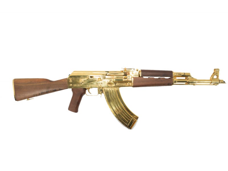 From Ben's Private Collection - Zastava Arms ZPAP M70 Gold Plated 7.62x39 16", 30rd Semi-Auto AK Rifle, Walnut Furniture - Excellent Used Condition.