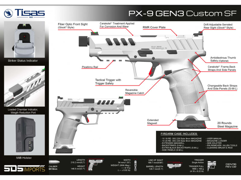 A chart of the Tisas PX9 Special Edition highlighting the pistol's features