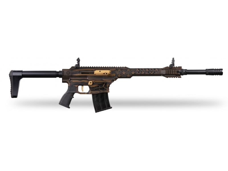 Panzer Arms MAG12 Tactical Semi-Auto Shotgun,12 Gauge,19.75" Bbl, Mag Fed, 3", 2-5 Rd Mags, Flip Up Sight,Choke Tubes, Black & Bronze US Flag Cerakote