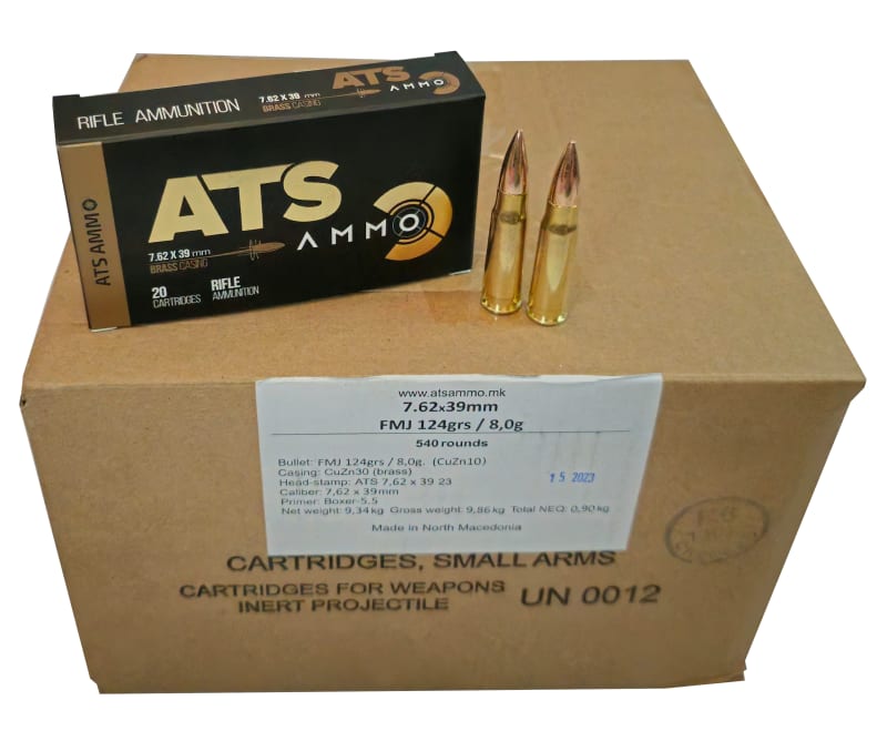 ATS X-Force 7.62x39 Ammunition,124 Gr, FMJ, Brass Cased, Boxer Primed, Non-Corrosive, Reloadable, Made In Macedonia - 540 Round Case