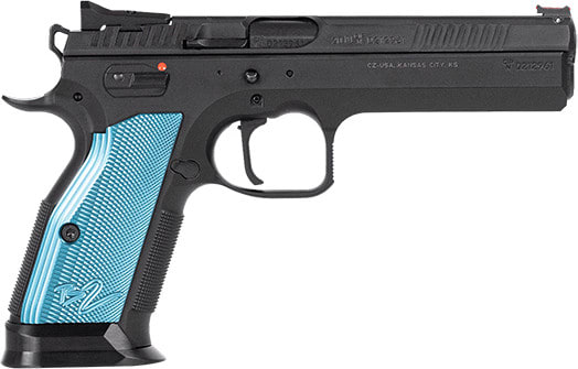 CZ USA TS2 Single Action Semi Automatic Pistol 5.258" Barrel 9mm 20 Round Mag - Black Polycoat Blue Grip - 91220