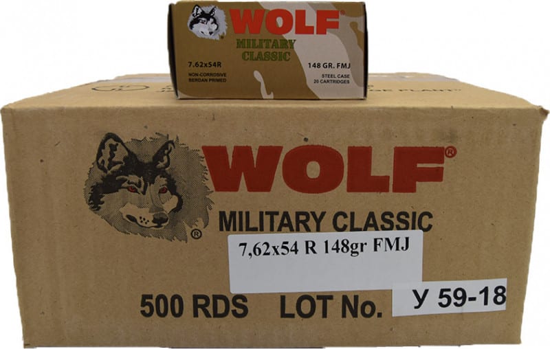 Wolf Performance 7.62X54R Ammunition, 148 GR FMJ, Non-Corrosive Steel Cased, Coated - 500 Round Case