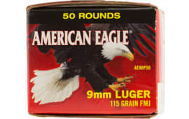 American Eagle 9mm 115 GR FMJ Ammo AE9DP50 - 50rd Box Trayless