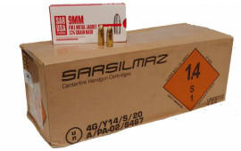SAR USA - 9mm NATO FMJ Ammunition - 124 Grain - Brass Cased - Sealed Boxer Primed - Non Corrosive - Reloadable - 1000 Round Case - SARS91K