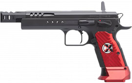 Tanfoglio IFG TF-DOMX-9 Domina Xtreme Caliber with 5.20" Barrel, Overall Black Finish, Beavertail Frame, Steel Slide & Red Polymer Grip