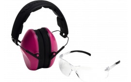Pyramex VGCOMBO210 Low-Profile Combo Kit Scratch Resistant Clear Lens & Frame with Rubber Temple Tips, Pink Low-Profile Earmuffs