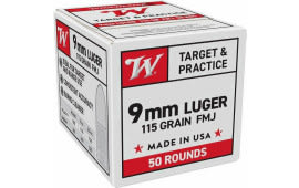 Winchester Ammo W9MM50 9mm 115 gr, Full Metal Jacket (FMJ) 50 Per Box/ 10 Cs - 50rd Box