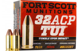 Fort Scott Munitions 32 ACP71SCV Tumble Upon Impact (TUI) 32 ACP 71 GRSolid Copper Spun 20 Per Box/ 25 Case - 20rd Box