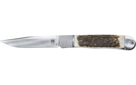 CobraTec Knives CTTHRSTG Trapper Hidden Release 3.12" OTF Drop Point Plain Satin D2 Steel Blade, 4.25" Stag Scales Handle